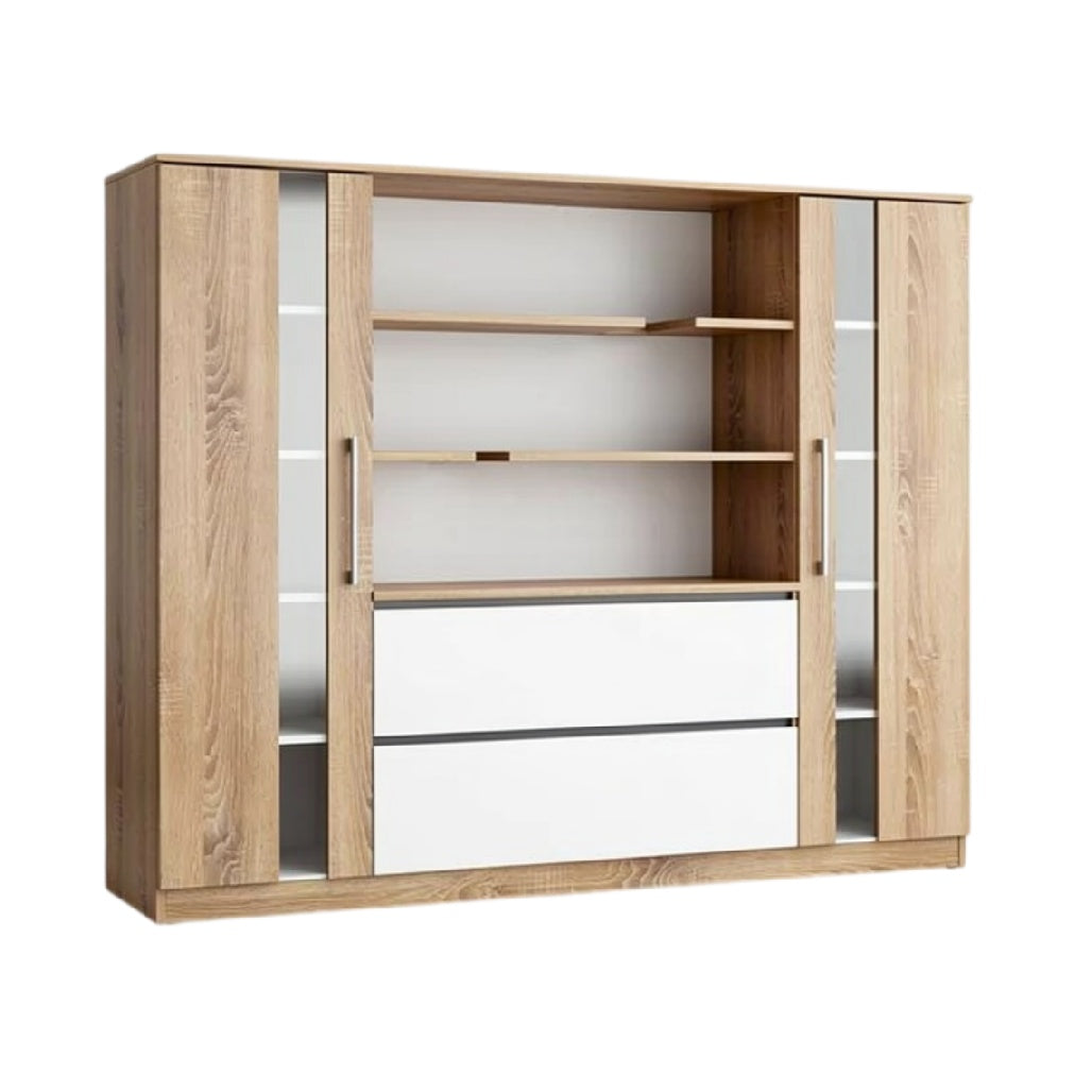 Titel in het Nederlands: **Moderne Wandkast met Glazen Deuren en Minimalistisch Ontwerp**