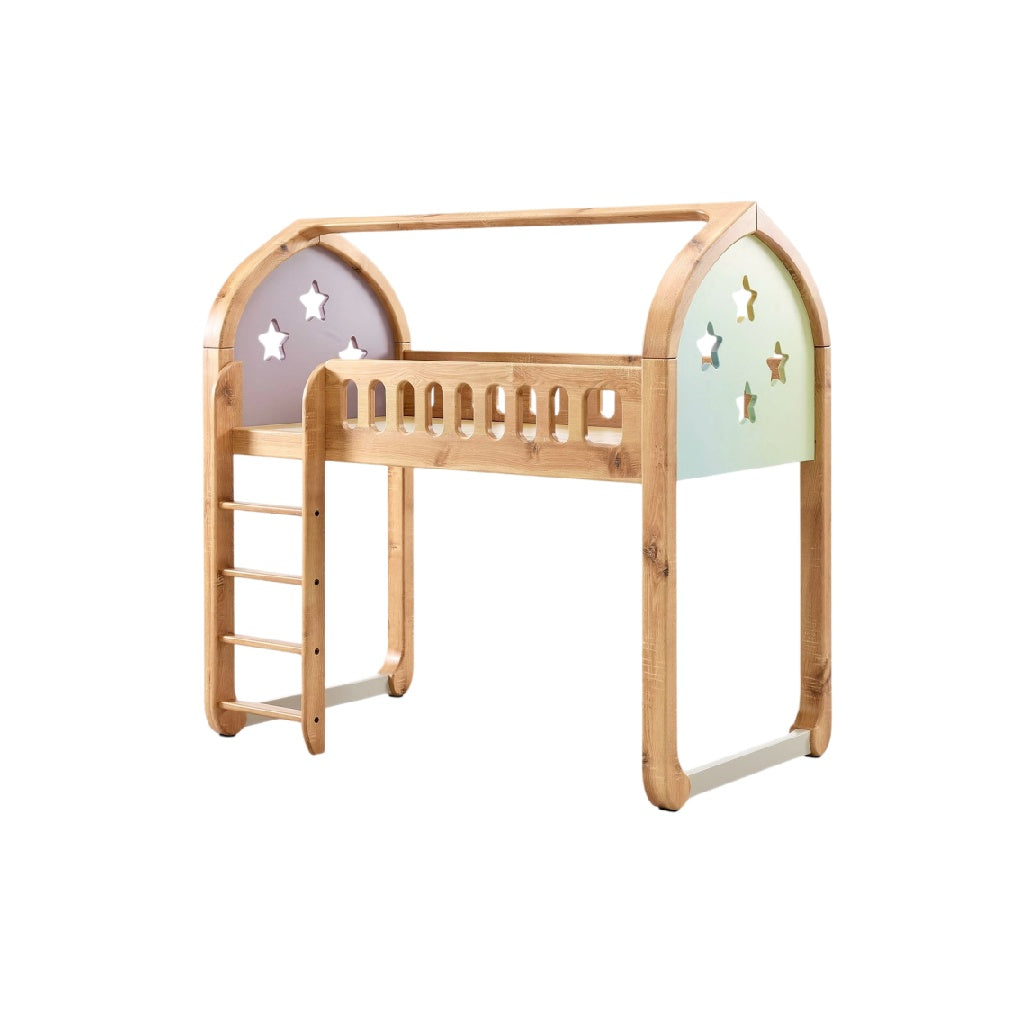 **Technische titel in het Nederlands: Houten hoogslaper met sterrenmotief en ladder**