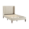 **Technische titel in het Nederlands: Elegante stoffen bedbasis met houten poten en lattenbodem**